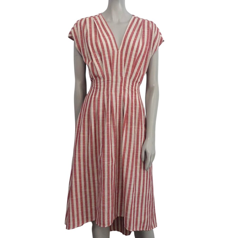 Max Studio Striped Day Dress S  Midi Red Cream V Neck Cotton Blend Euro Summer